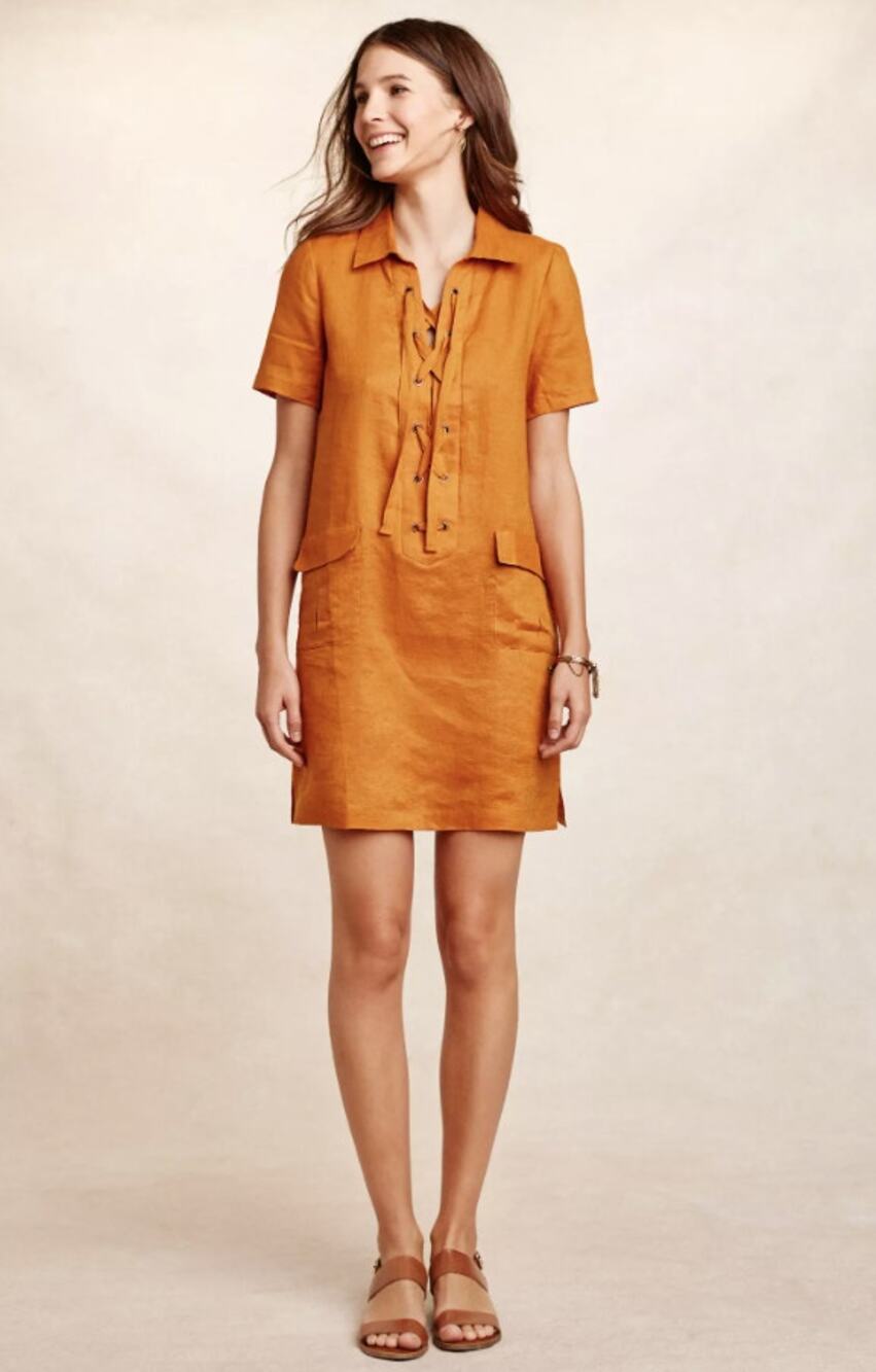 Anthropologie Maeve Linen Lace Up Mini Dress Rust Orange Pockets Size 6